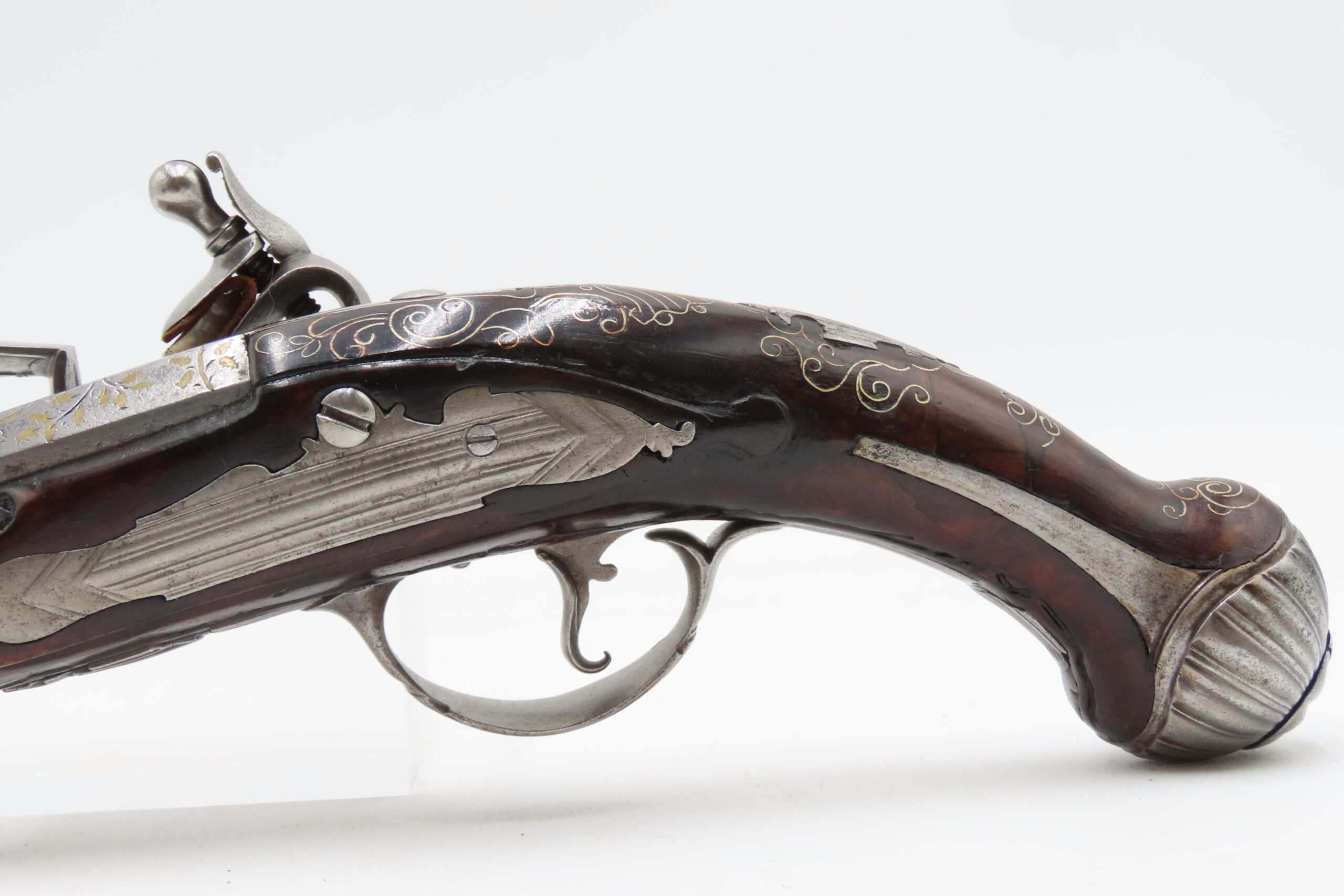 BRACE of BRASS & SILVER INLAID Antique OTTOMAN Flintlock HOLSTER Pistols “M.A. GIVRATI” Marked Mid to Late 1700s Pistols - Image 14