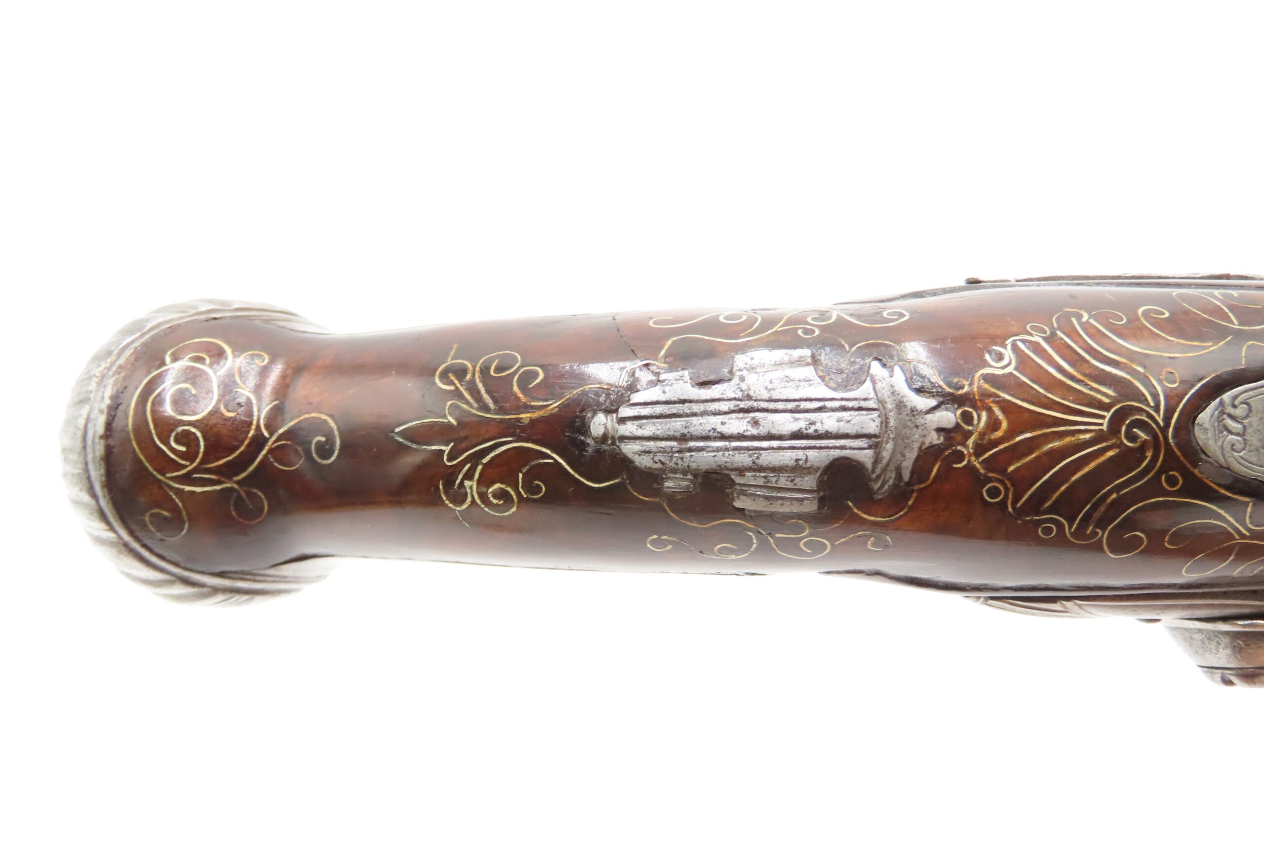 BRACE of BRASS & SILVER INLAID Antique OTTOMAN Flintlock HOLSTER Pistols “M.A. GIVRATI” Marked Mid to Late 1700s Pistols - Image 26