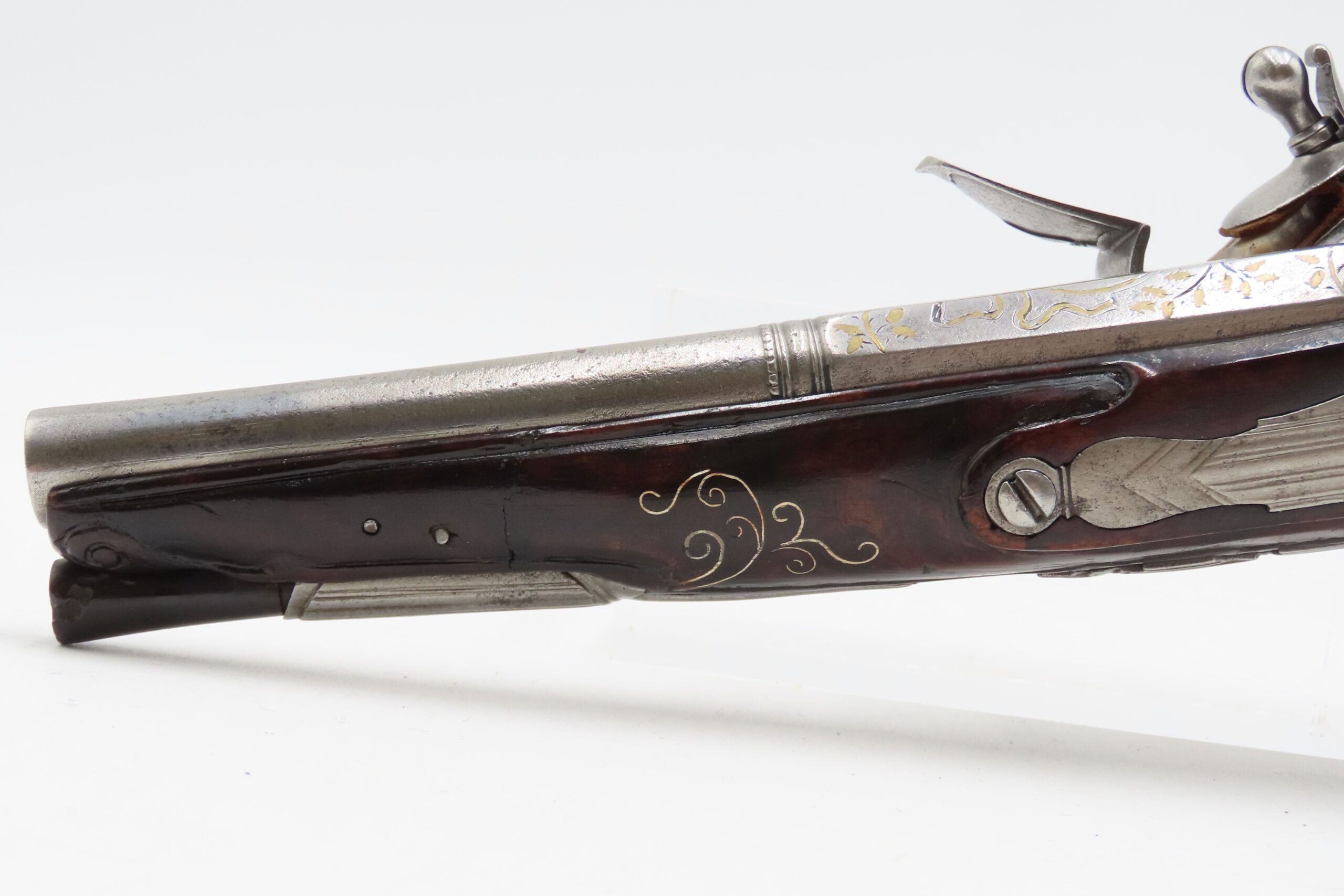 BRACE of BRASS & SILVER INLAID Antique OTTOMAN Flintlock HOLSTER Pistols “M.A. GIVRATI” Marked Mid to Late 1700s Pistols - Image 13