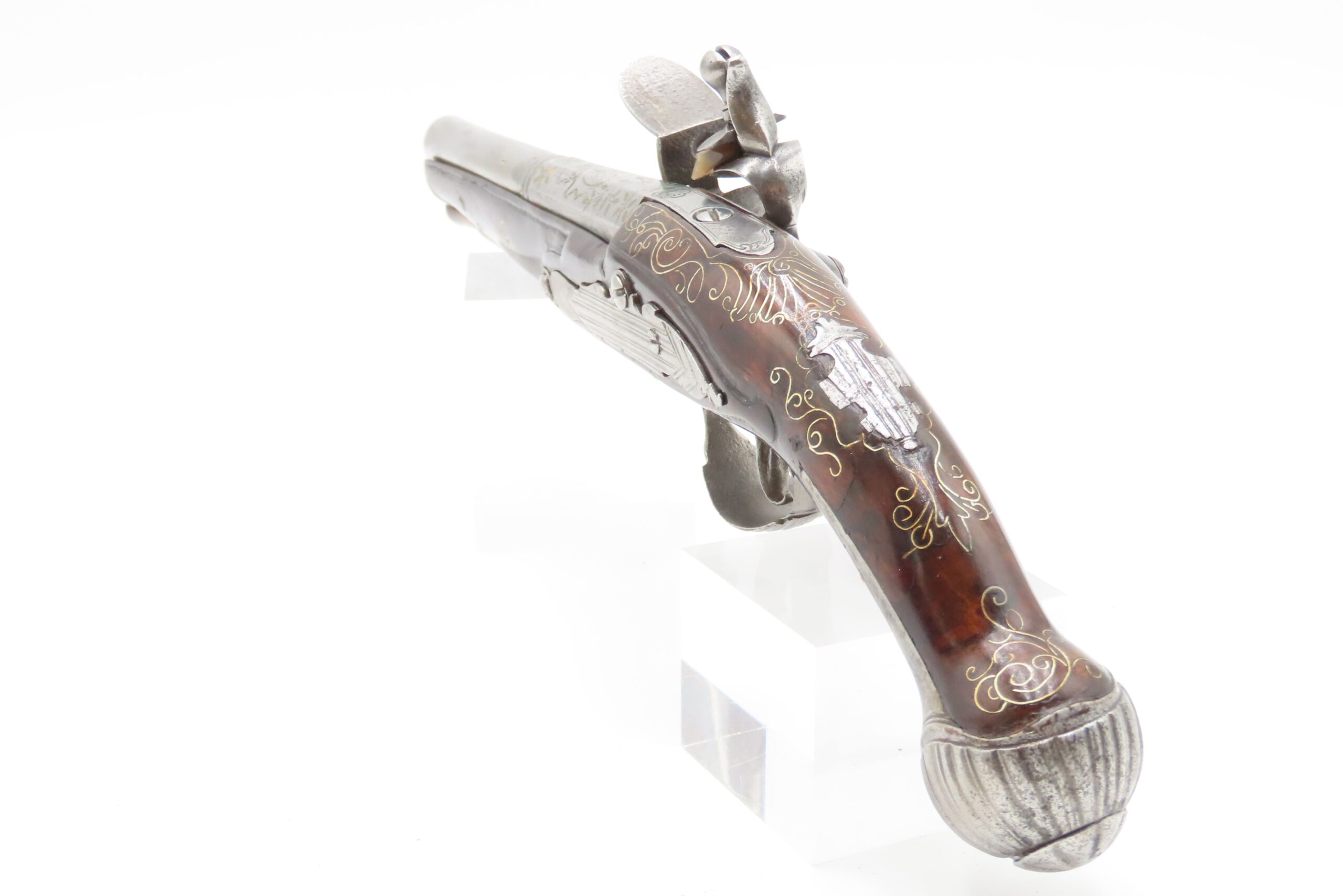 BRACE of BRASS & SILVER INLAID Antique OTTOMAN Flintlock HOLSTER Pistols “M.A. GIVRATI” Marked Mid to Late 1700s Pistols - Image 31