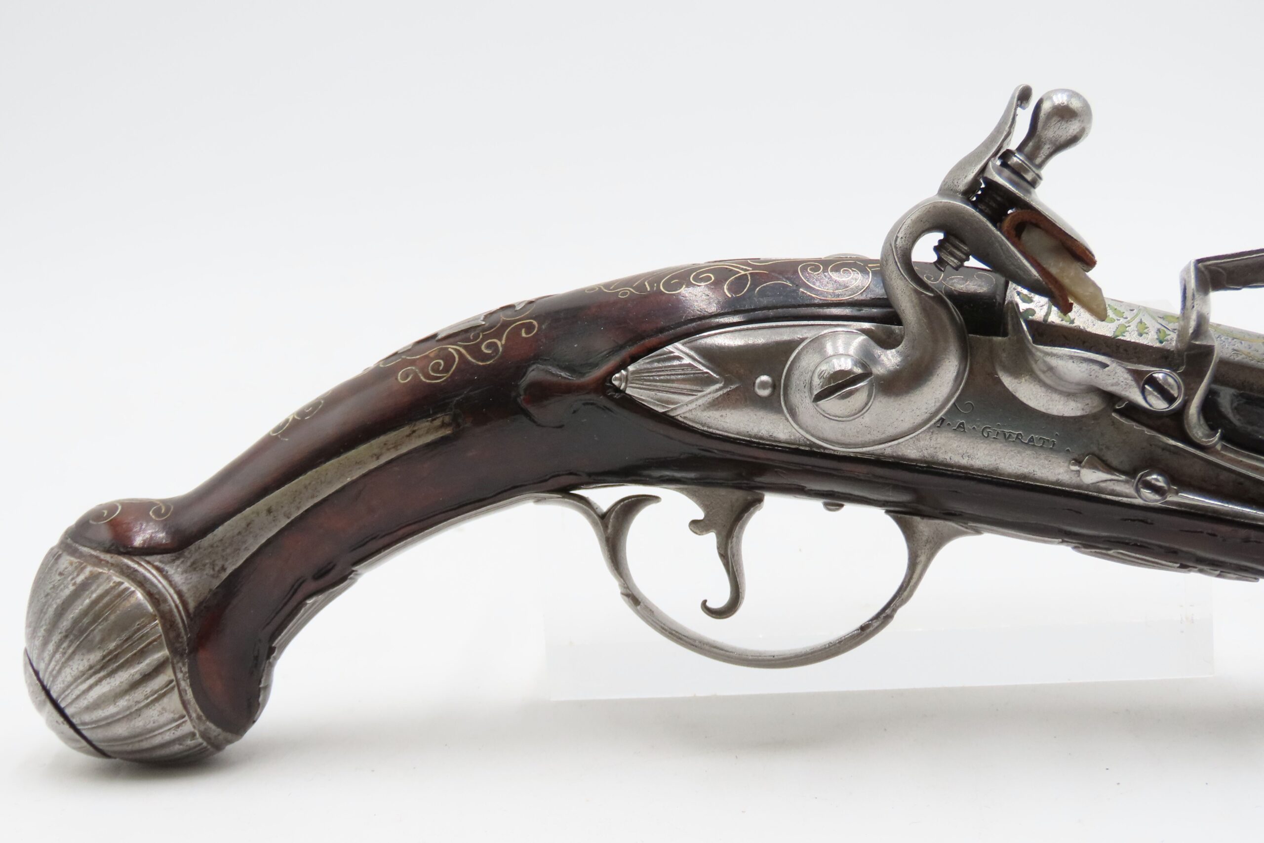 BRACE of BRASS & SILVER INLAID Antique OTTOMAN Flintlock HOLSTER Pistols “M.A. GIVRATI” Marked Mid to Late 1700s Pistols - Image 6