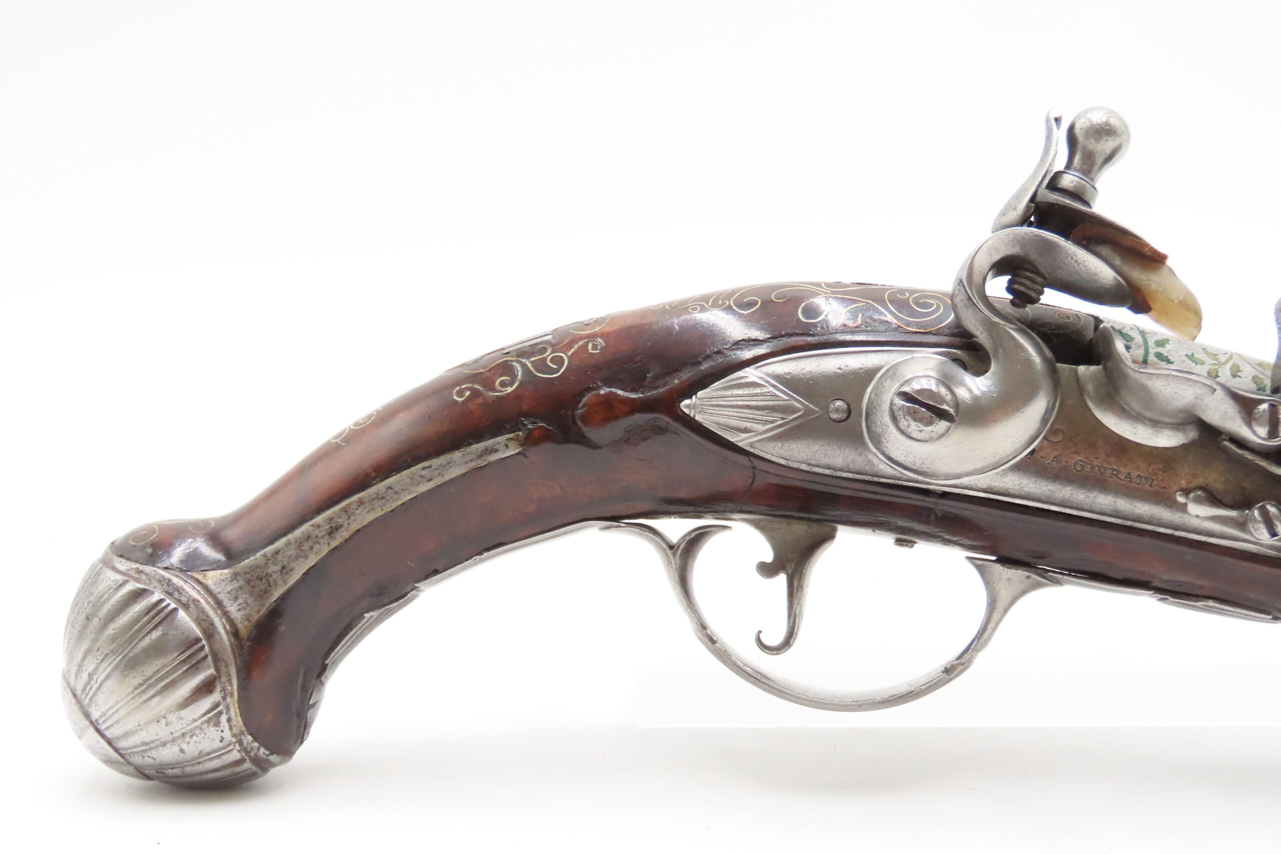 BRACE of BRASS & SILVER INLAID Antique OTTOMAN Flintlock HOLSTER Pistols “M.A. GIVRATI” Marked Mid to Late 1700s Pistols - Image 19