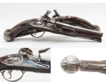 BRACE of BRASS & SILVER INLAID Antique OTTOMAN Flintlock HOLSTER Pistols “M.A. GIVRATI” Marked Mid to Late 1700s Pistols