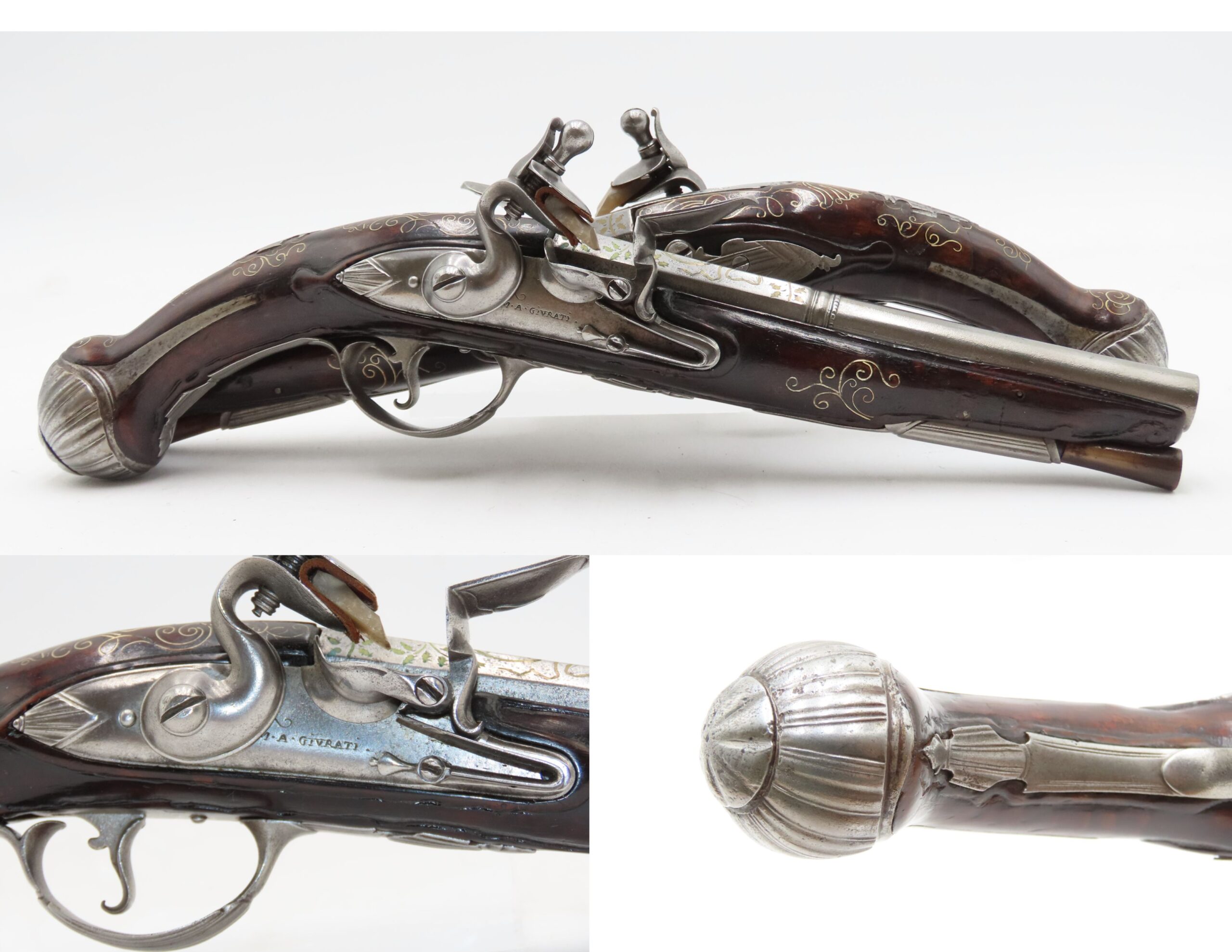 BRACE of BRASS & SILVER INLAID Antique OTTOMAN Flintlock HOLSTER Pistols “M.A. GIVRATI” Marked Mid to Late 1700s Pistols