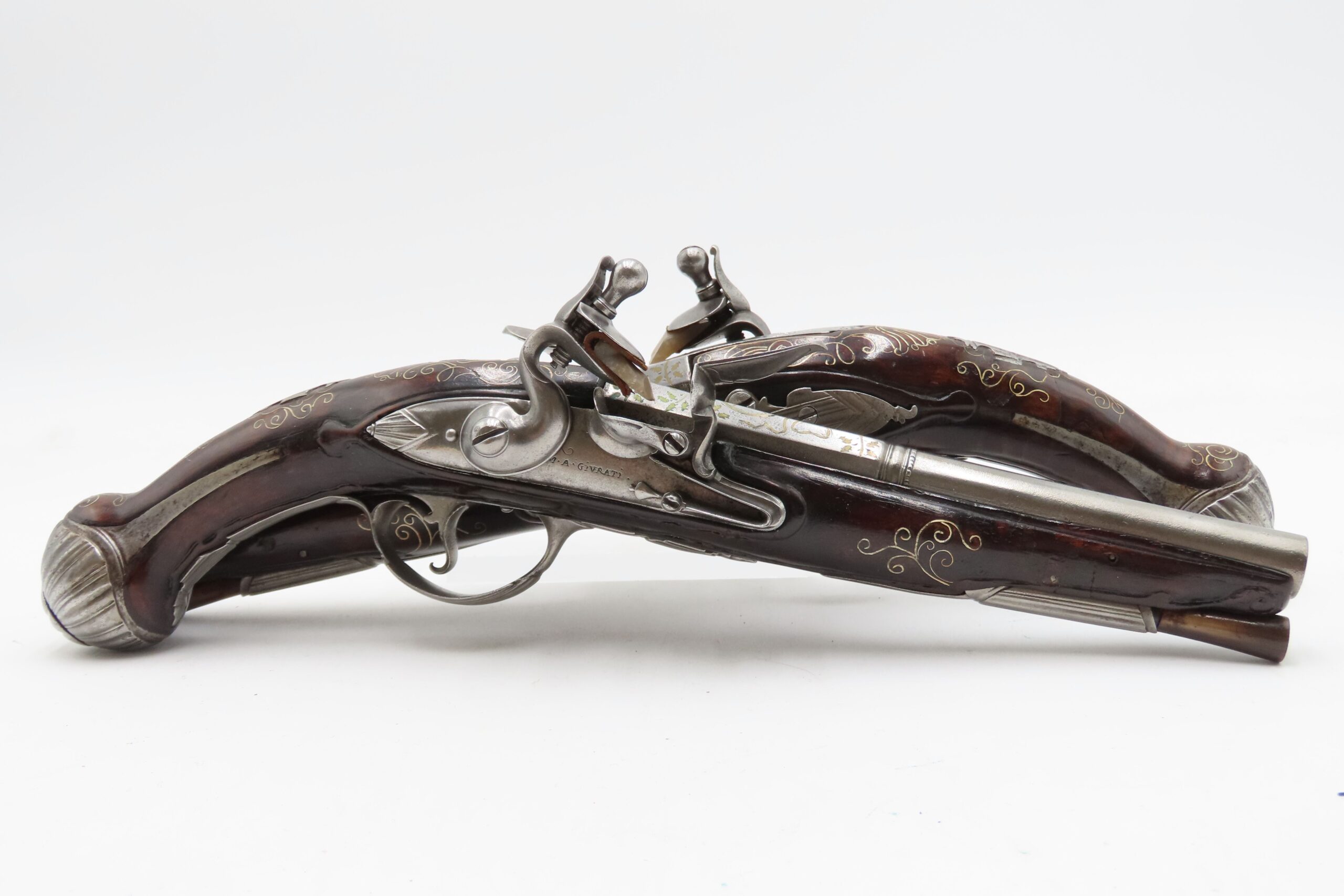 BRACE of BRASS & SILVER INLAID Antique OTTOMAN Flintlock HOLSTER Pistols “M.A. GIVRATI” Marked Mid to Late 1700s Pistols - Image 3