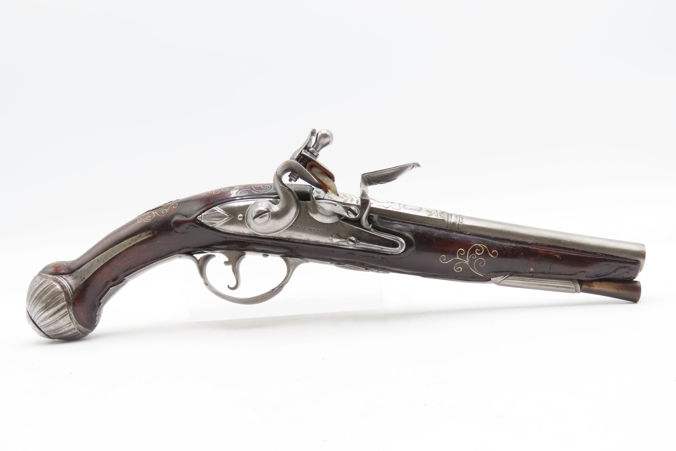 BRACE of BRASS & SILVER INLAID Antique OTTOMAN Flintlock HOLSTER Pistols “M.A. GIVRATI” Marked Mid to Late 1700s Pistols - Image 4