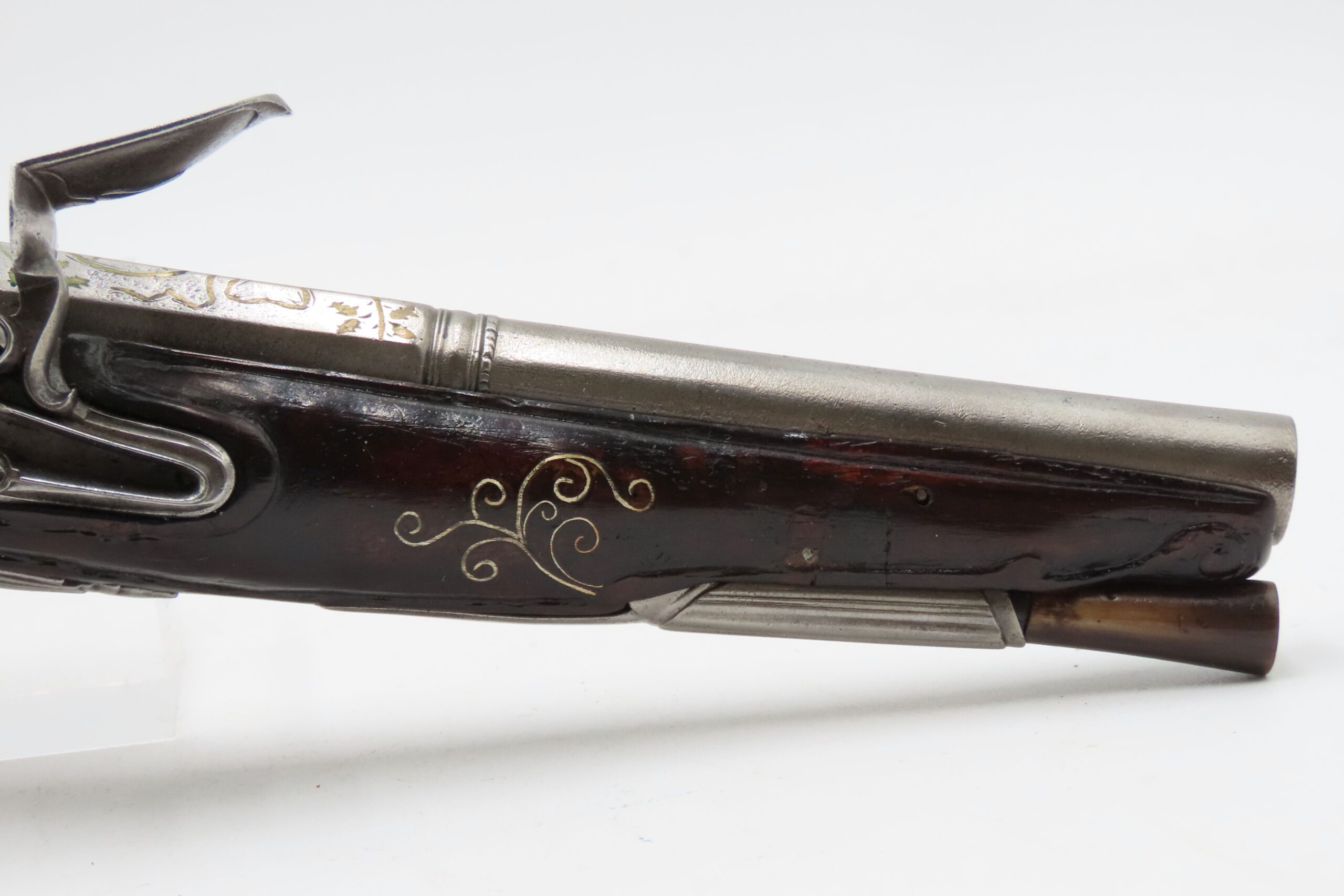 BRACE of BRASS & SILVER INLAID Antique OTTOMAN Flintlock HOLSTER Pistols “M.A. GIVRATI” Marked Mid to Late 1700s Pistols - Image 5